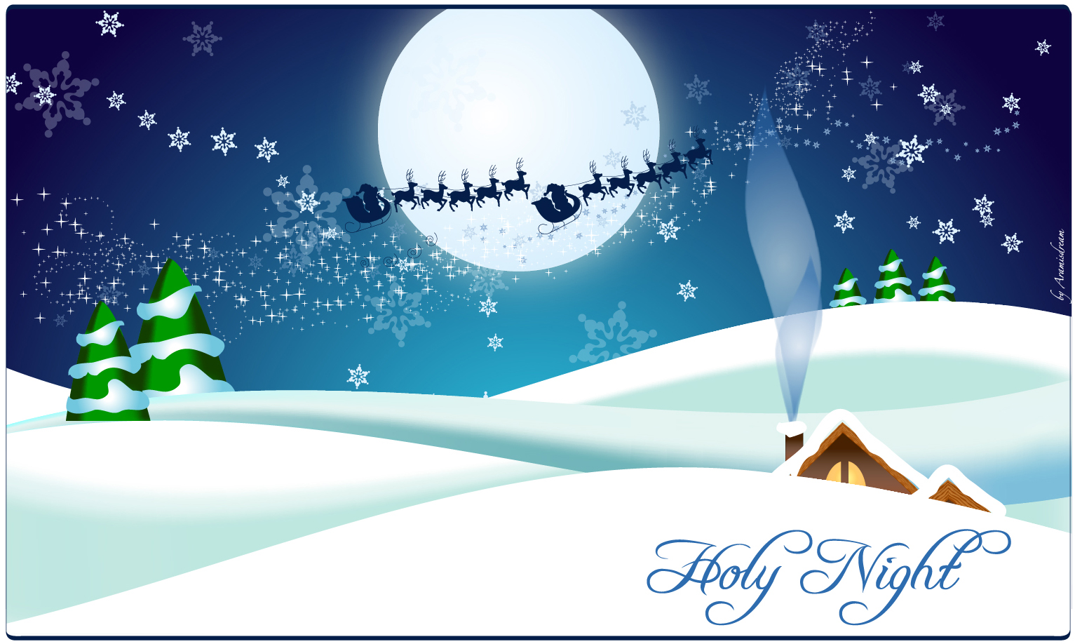 サンタクロースがソリを駆る聖夜の冬景色 Winter Landscape With Santa Claus イラスト素材 Illustpost