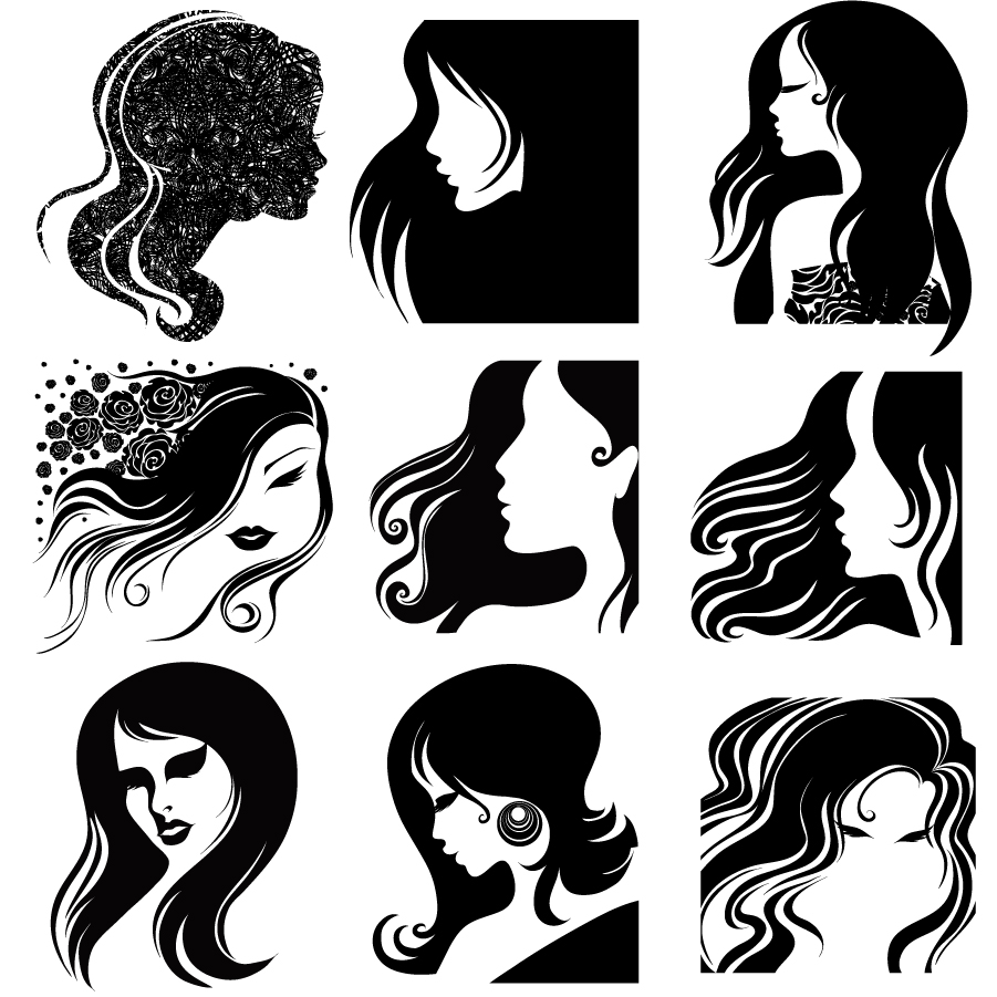 髪がなびく女性の横顔のシルエット Female Head Silhouette イラスト